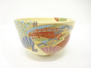 京焼　宮地英香造　金彩色絵　扇散らし　茶碗